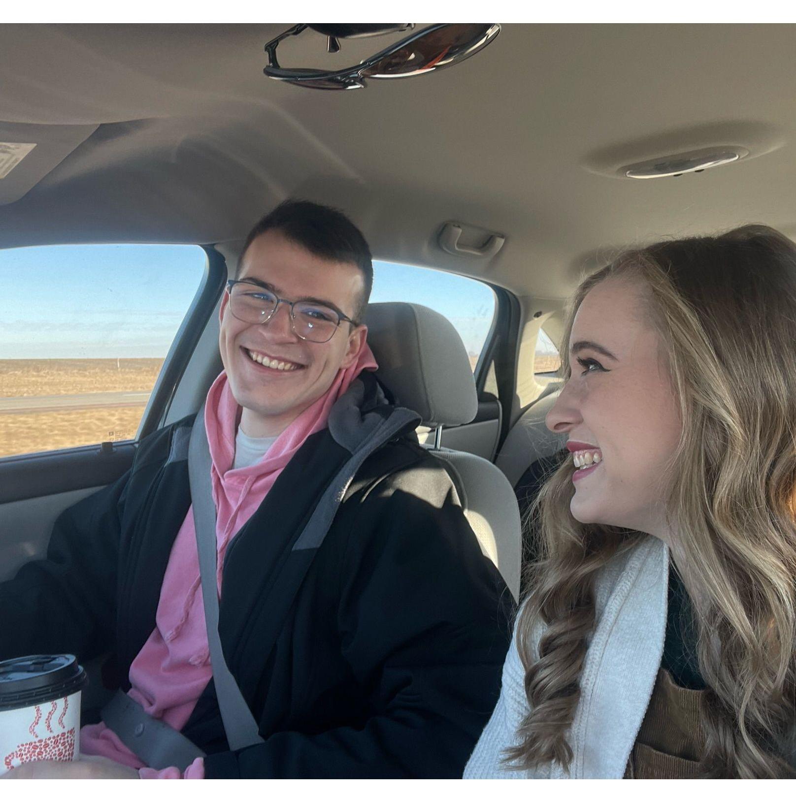 Coffee and selfies; staples for our many car rides together