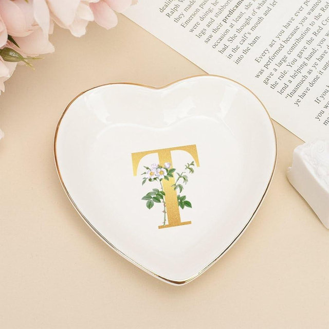 UanMere Jewelry Tray Dish Custom Custom Family Name Monogram Ceramic Ring Holder for Watch Bracelets Jewelry Heart Initials T Ceramic Jewelry Tray Proposal Engagement Gifts for Mrs Her