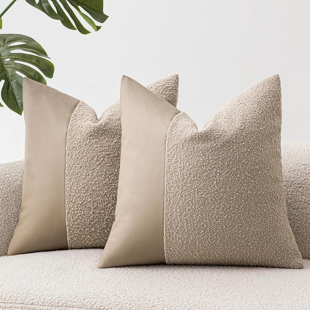 SINYASAN Set of 2 Fluffy Boucle Pillow Covers 18"x18", Oatmeal Textured Throw Pillow Covers with Faux Leather Accents, Boho Decorative Pillow Cases for Couch, Bed, or Farmhouse Home Decor