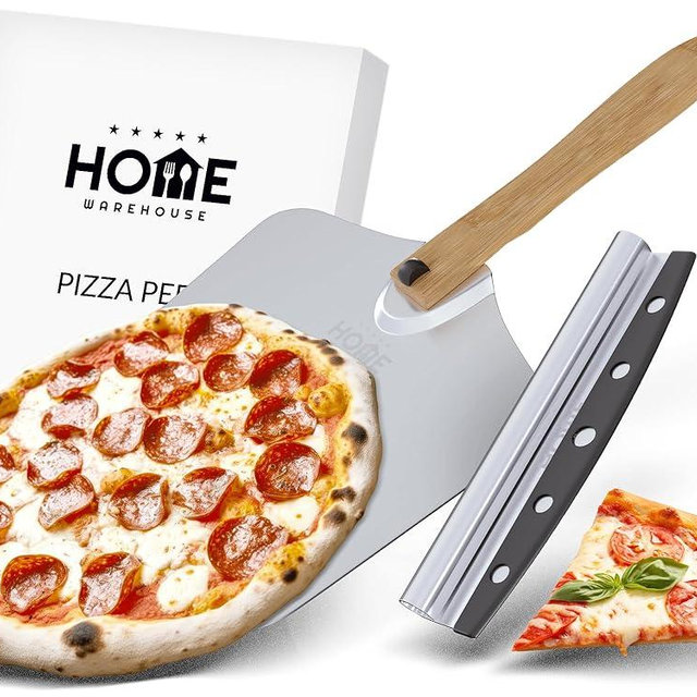 Home Warehouse Pizza Making Kit - Stainless Steel Pizza Peel with wooden handle & Pizza Cutter - Seamless Design - For Pizza Lovers