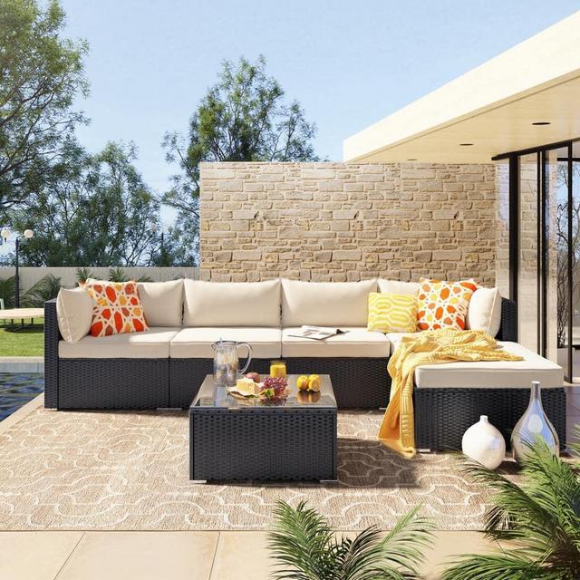 Black 6-Pieces Wicker Outdoor Sectional Set with Beige Cushions