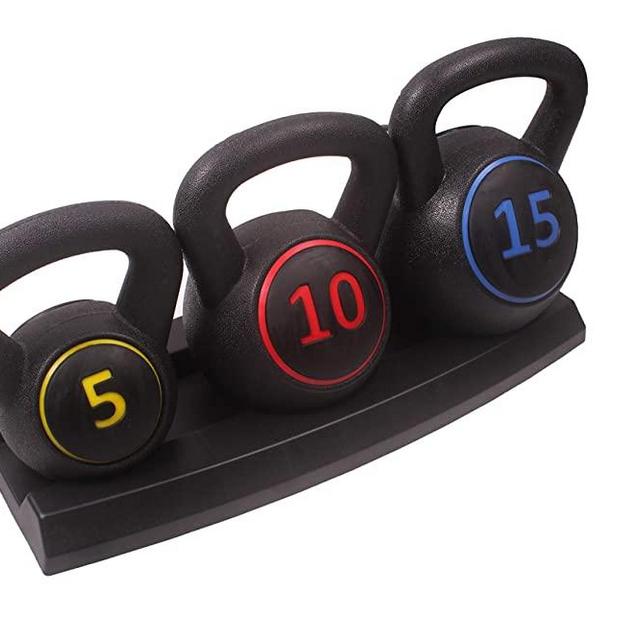 POWERT 3-Piece Kettlebell Weight Set of 5, 10, 15 lbs with Base Rack| HDPE Covered Ergonomic Wide Handle Design