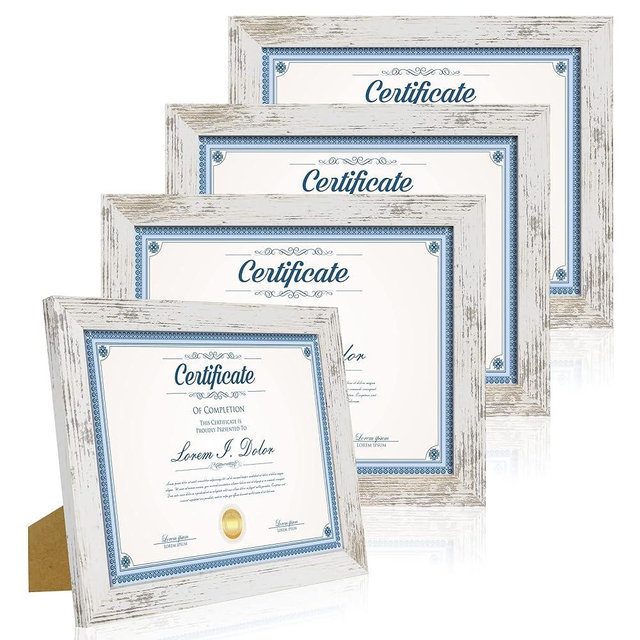 Hongkee 8.5 x 11 Picture Frame Set of 4, Made of Real Glass and Distressed White Certificate & Diploma Frame, 8.5 by 11 Photo for Wall or Tabletop - Display Picture 6x8 with Mat or 8.5x11 Without Mat