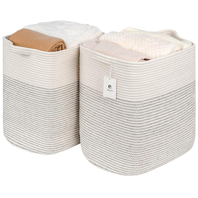 Laughbird Storage Baskets for Clothes Fabric Cotton Rope Storage Basket with Handles, Decorative Woven Basket for Living Room,Closet Organizer Blankets, and 2bags (White/Black Line, L17.8×W12.5×H17.9)