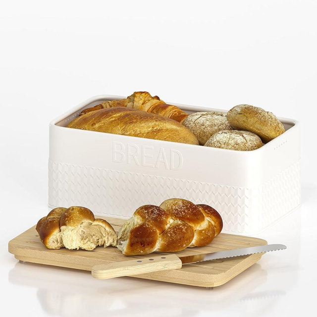 AUGOHCMIL Bread Box for Kitchen Countertop - Metal Bread Storage with Bamboo Cutting Board Lid & Bread Knife, Corner Bread Container for Homemade Bread and Toast, White