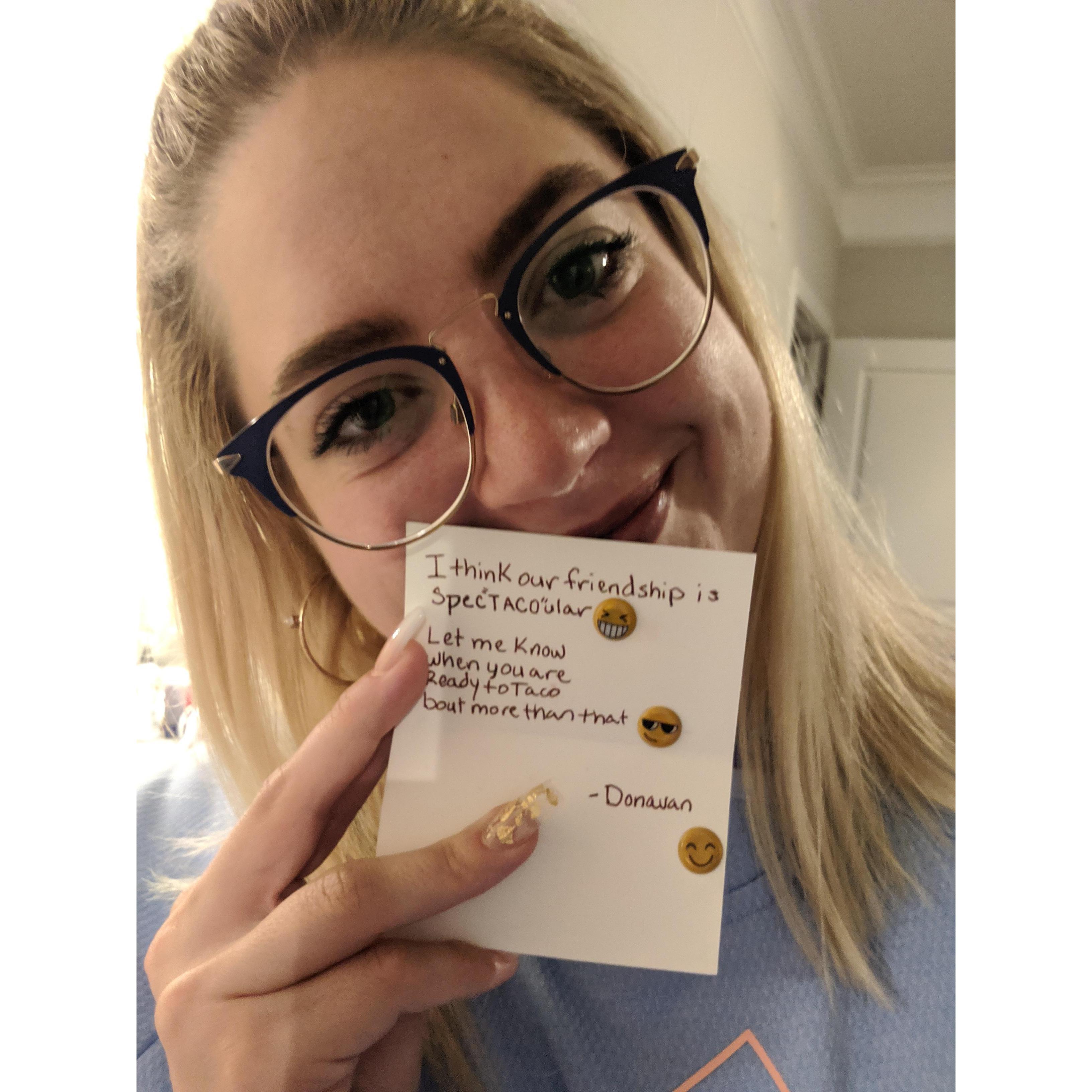 He was *finally* ready to take our relationship to the next level!! Oh, and he got me that super cute sweatshirt :) :) :)
"I was so excited to give her that gift." - Donavan