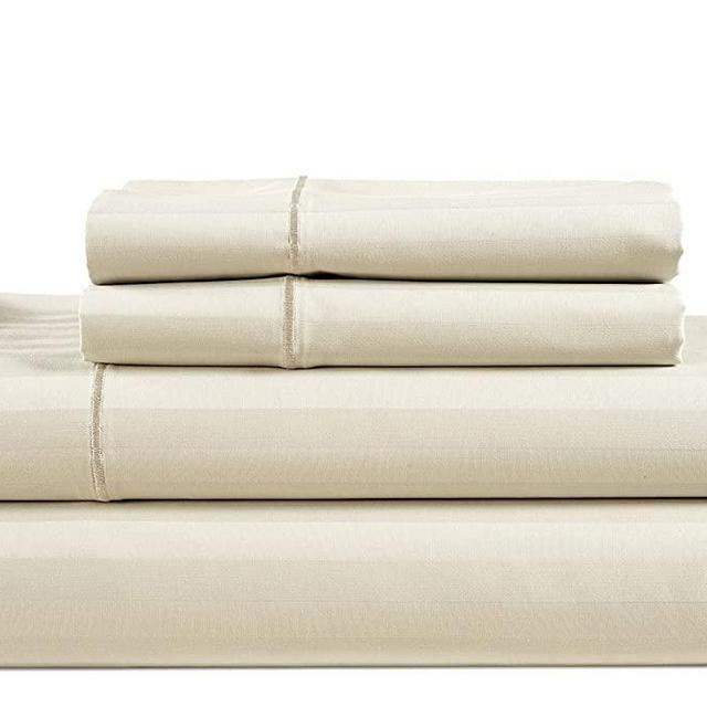 1000 Thread Count Striped Sheets Set - 100% Egyptian Cotton Bed Sheets, 4 Piece Cotton Sheets for Queen Size Bed, Hotel Bedding Sheets & Pillowcases, 16" Deep Pocket (Fits Upto 17" Mattress) - Ivory