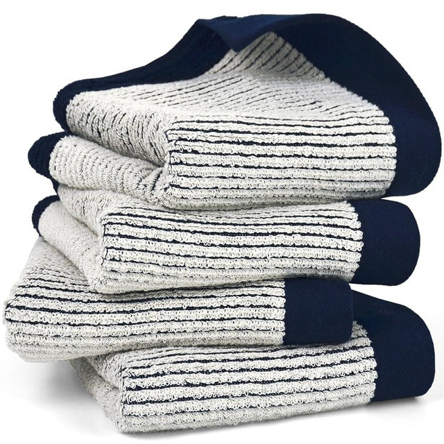 Cleanbear Hand Towels for Bathroom Set of 4, Jacquard Weave Bath Hand Towels, 28 x 13 Inches, Navy Blue