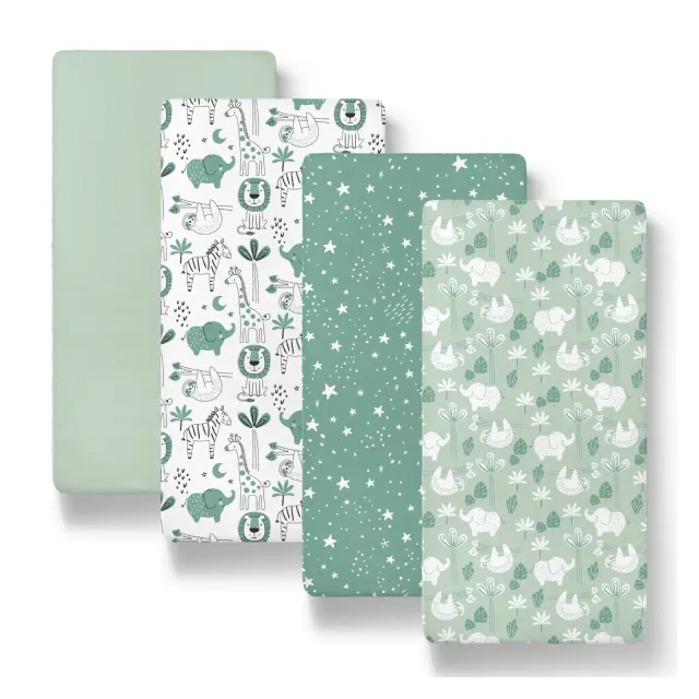 The Peanutshell Green Safari Bassinet Sheets, Green, 4-Pack