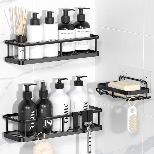 YASONIC Shower Caddy Adhesive, No Drill Bathroom Shower Organizers, with Removable Hooks and Soap Holder, Rust Proof Shower Shelves, Wall-Mounted Shower Holder, 3 Pack, Bright Black