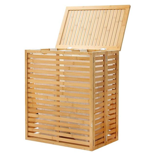 MUPATER Foldable Bamboo Hamper Laundry Basket with Lid, Two-Section Collapsible Hamper with Removable Liner Bag