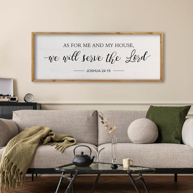 comurdyo As For Me And My House We Will Serve Sign Wall Decor 32×12 Inch Large Wood Framed Scripture Wall Art For Living Room Hanging (Wood)