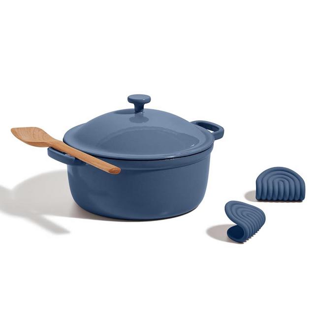 Our Place Cast Iron Perfect Pot | 6-in-1 Multifunctional 5.5 Qt. Toxin-Free Enameled Dutch Oven with Self-Basting Lid | Hot Grips & Beechwood Scraper | Induction Cooktop and Oven Safe | Blue Salt