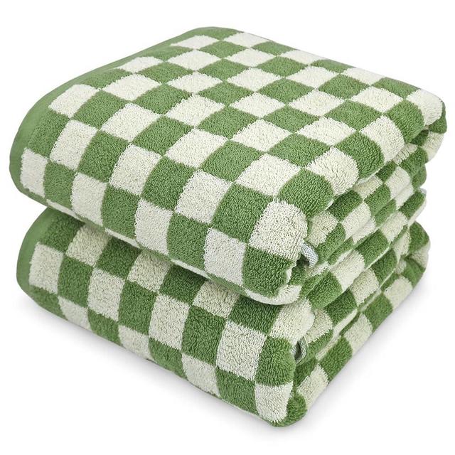 Jacquotha Bath Towels Set of 2 - Luxury Shower Towels 55” x 27.5”, Cotton Bathroom Towel Green Checkered, Absorbent Quick Dry Body Towels 520GSM