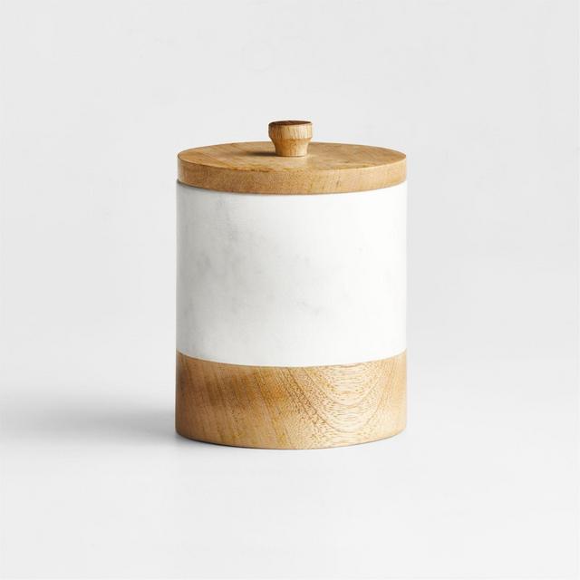 Small White Marble Canister with Wood Lid