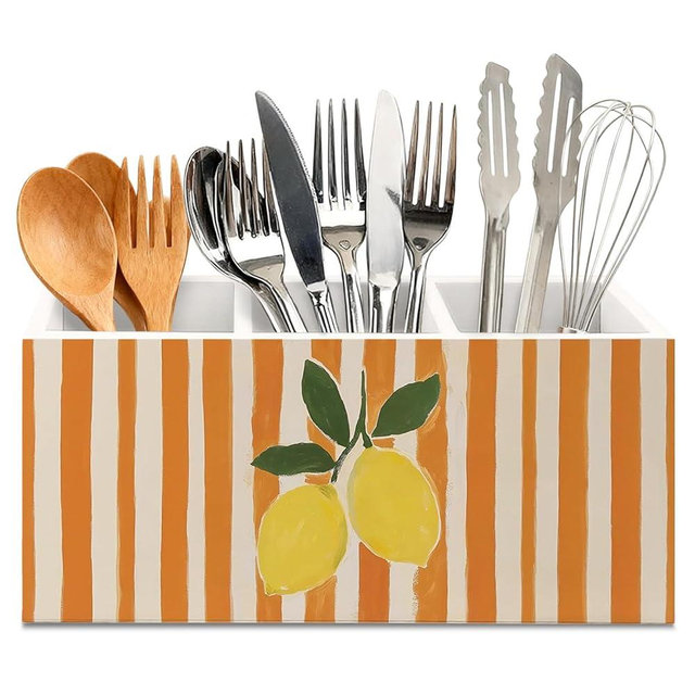KBRCT Vintage Yellow Lemon Wooden Utensils Holder, Lemon Kitchen Decor, Farmhouse Fruit Orange Striped Wood Cooking Utensil Holder Organizer for Kitchen Countertop Counter Decor