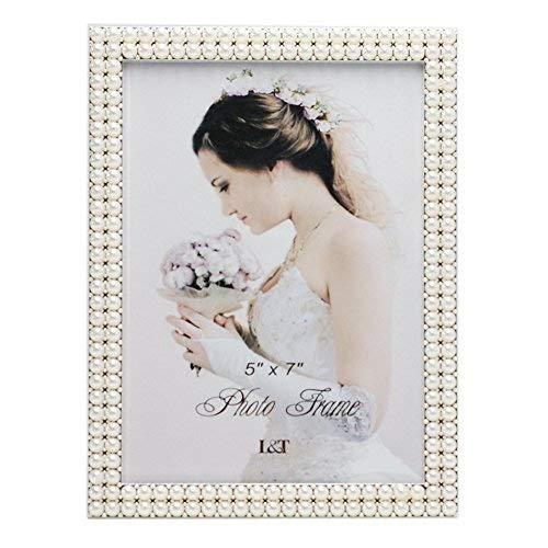L&T Metal Picture Frame Silver Plated with Pearls 5x7 Inch, Special Occasion Anniversary Wedding Gift Photo Frame
