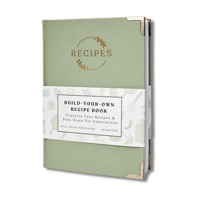 Kikaze Collection Leather Blank Recipe Notebook – 8.4” x 6” Hardcover Recipe Book to Write in Your Own Recipes – Heirloom Gift Sage Green & Gold Journal — 60 Recipes – Tabs, Pocket, Stickers & Bookmarks