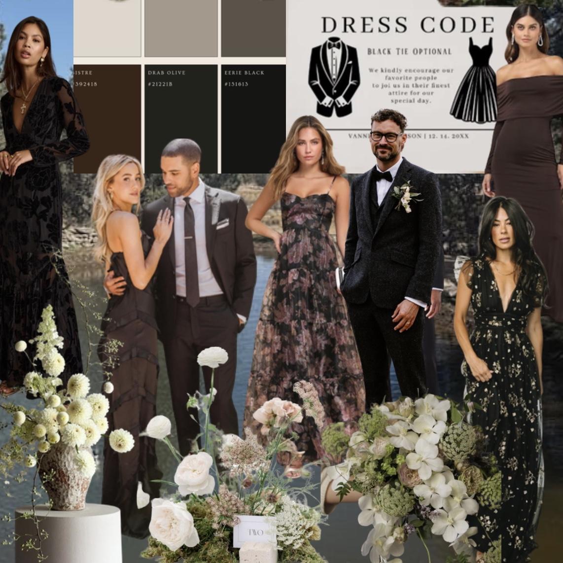 Attire mood board for guests! As many of you know, Kasey and I like dark or neutral colors. We’d love to see you wear your favorite dark tones!