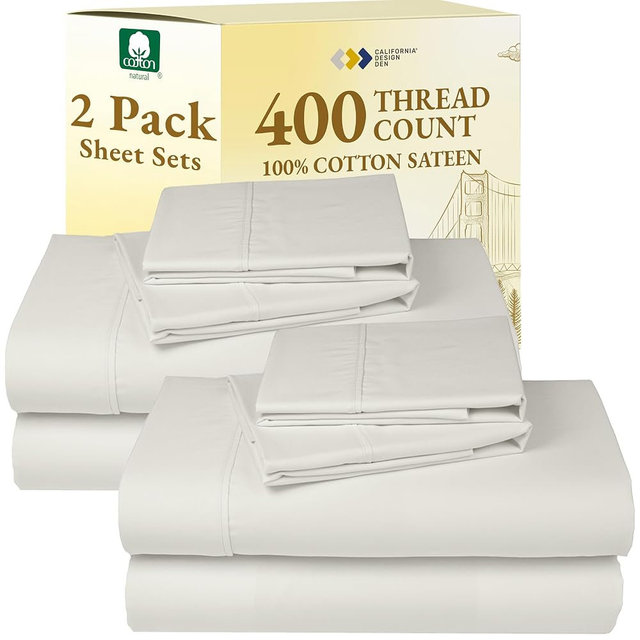 California Design Den Pack of 2 Full 100% Cotton Sateen 400 Thread Count Sheets - Soft and Breathable Sheets, 2 Sets of Deep Pocket Bed Sheets - Ivory (Pale Tone)
