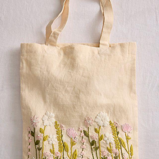 Embroidered Vines Linen Tote
