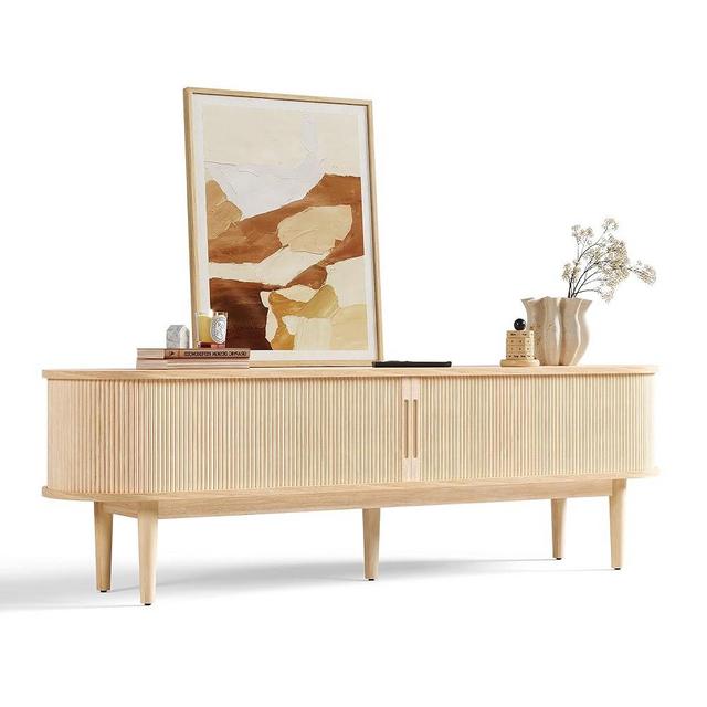 LINSY HOME Fluted TV Stand for 75" TV, Mid-Century Modern 70" Entertainment Center with Sliding Tambour Door and Storage Cabinet, Cruved TV Media Console Table for Living Room, Bedroom, Oak