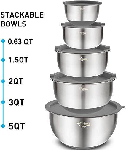 Mixing Bowls Set of 5, Wildone Stainless Steel Nesting Bowls with Grey Airtight Lids, 3 Grater Attachments, Measurement Marks & Non-Slip Bottoms, Size 5, 3, 2, 1.5, 0.63 QT, Ideal for Mixing & Serving