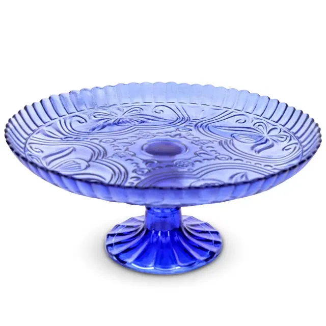 Amici Home Flower Footed Glass Cake Stand, Round Vintage Style Cake Plate, 10” D x 4” H, Cobalt