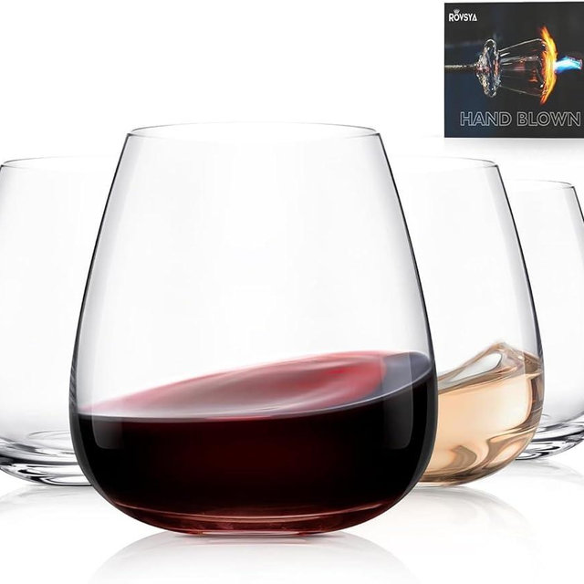 OJA Stemless Wine Glasses Set of 4-15oz, Hand Blown Crystal Red White Wine Glasses - Ideal for Christmas and Special Days, Wine Tasting Gifts for Both Men and Women
