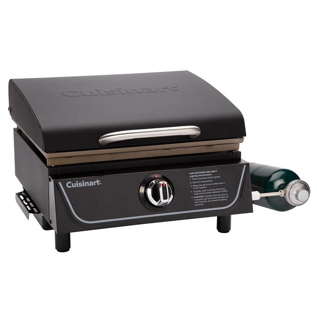 Cuisinart 17” Tabletop Gas Griddle with Hood, Easy Assembly Compact Outdoor Flat-Top Grill with Grease Cup, 255 Sq. In Cooking Space Perfect for Camping, Tailgates and BBQs