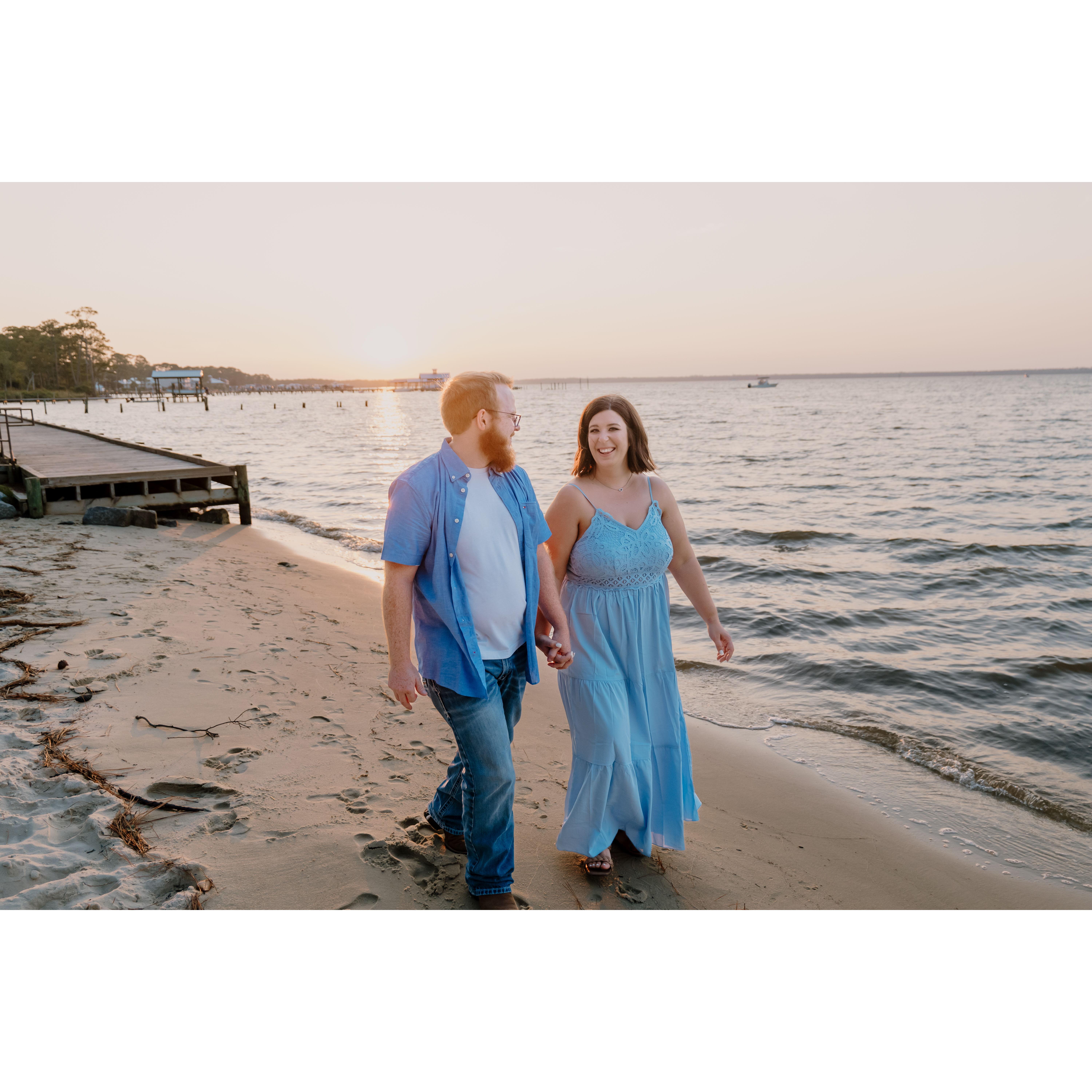 walking on the beach repeatedly saying "omg, we are engaged!" to each other