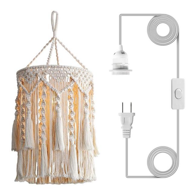 Bioaqua Boho Lamp Shade,Boho Hanging Lamp Handmade Macrame Lamp Shade Plug in Pendant Light,Bohemian Hanging Lights with Plug in Cord Light Fixtures for Boho Bedroom Decor Living Room (Type 3)