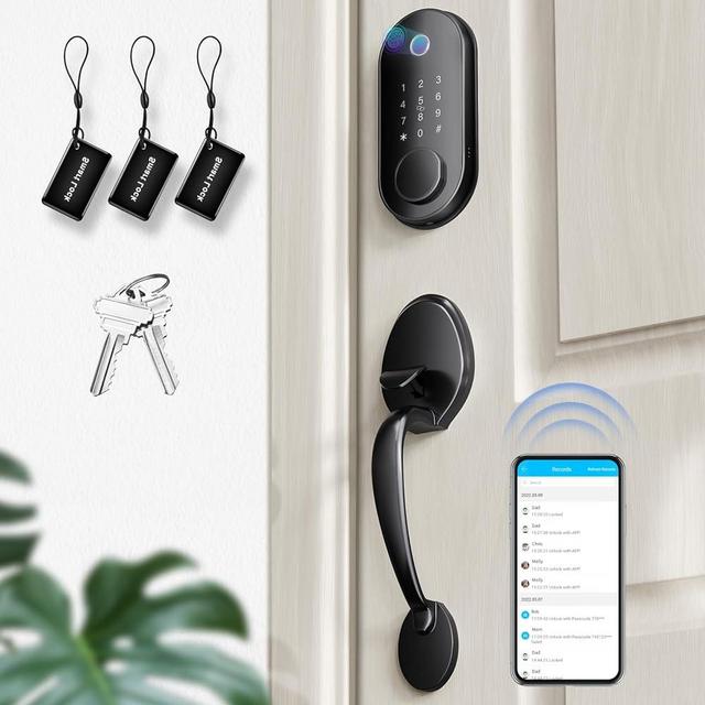 Front Door Lock Set, Fingerprint Keyless Entry Door Lock with Handle, Smart Deadbolt with App, Auto Lock & 1 Touch Locking, Easy Installation