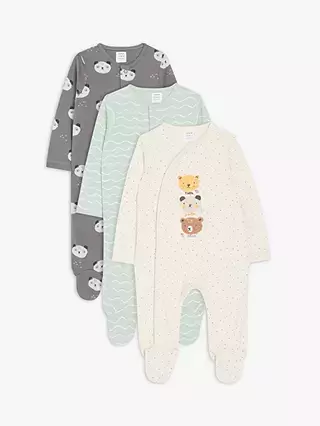 John Lewis Baby Bears & Stripes Sleepsuits, Pack of 3, Multi