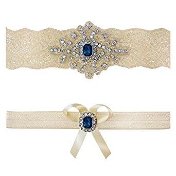 Ivory Sapphire Blue Wedding Bridal Lace Garter Set Keepsake Toss Tradition Vintage
