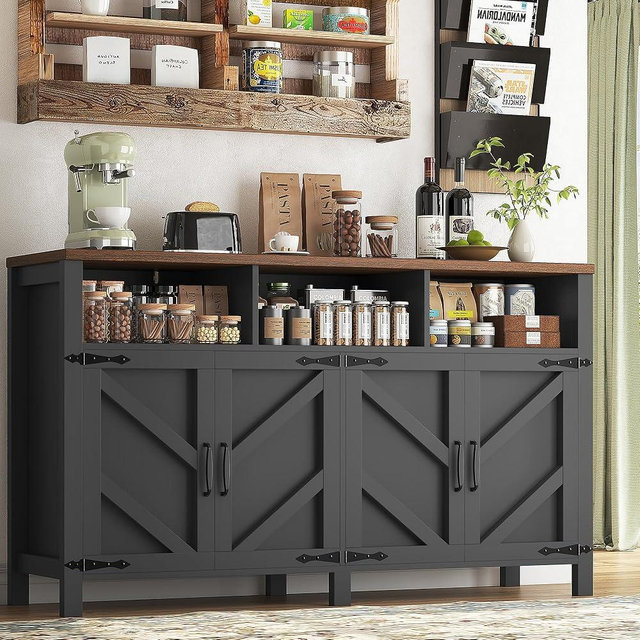 knoworld Buffet Sideboard with Storage Farmhouse with 4 Doors, 55'' Large Kitchen Storage Cabinet Wood Coffee Bar Cabinet Buffet Table with Shelves for Kitchen, Dining Room, Entryway (Black, 55 in)