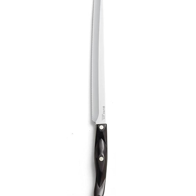 CUTCO Model 3724 Santoku-Style Slicer with 10" Double-D serrated edge blade and 5.5" Classic Dark Brown handle (often called "Black").