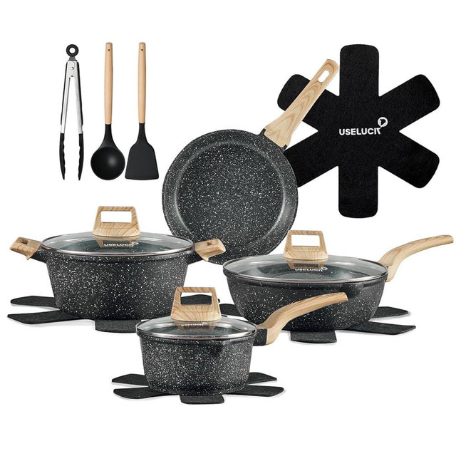 USELUCK 14 Pcs Pots and Pans Set Non Stick, Induction Black Cooking Set with Frying Pans, Healthy Kitchen Cooking Set with Stay-Cool Handles, Silicone Utensils and Pot Protectors
