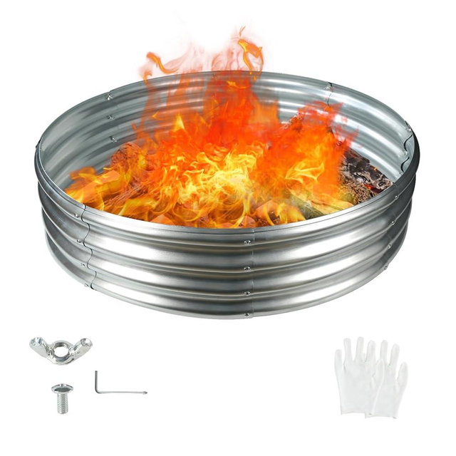 YSEJOMP 48 Inch Round Galvanized Fire Pit Ring/Fire Ring - Foldable and Perfect for Outdoor Gatherings and Campfires in The Yard/Garden/Park/Beach (4 FT Diameter, Silver)