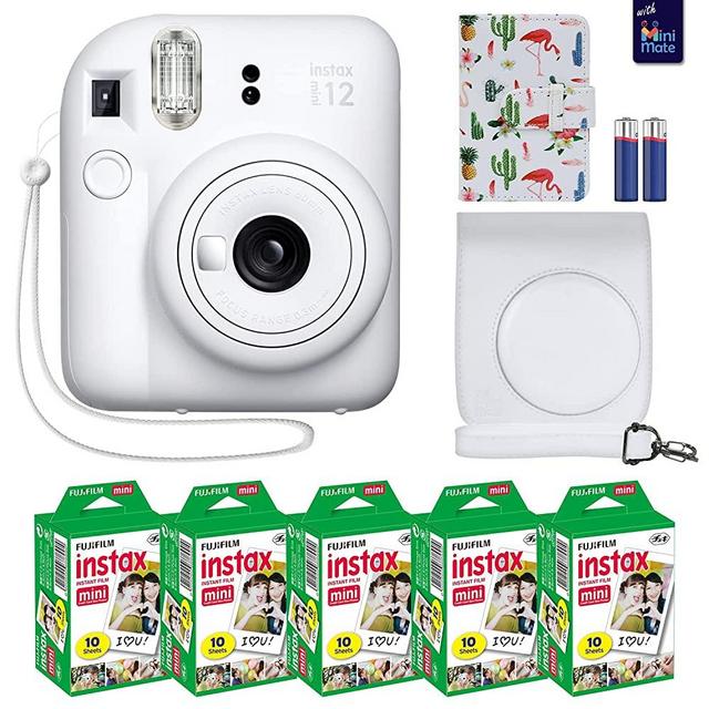 Fujifilm Instax Mini 12 Instant Camera Clay White + MiniMate Accessory Bundle & Compatible Custom Case + Fuji Instax Film Value Pack (50 Sheets) Flamingo Designer Photo Album