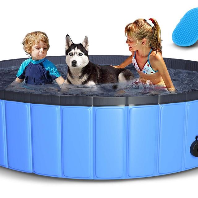 TNELTUEB Pet Swimming Pool for Large Dogs, 63 inch Collapsible Dog Pool with Pet Brush Dog Chew Toy, Foldable Kiddie Pool Plastic Pet Bathing Tub, Portable Outdoor Swimming Pool for Kids and Dogs Cats