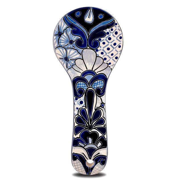 COBAZUL Talavera Spoon Rest - Handmade Mexican Utensil Holder - Vibrant Ceramic Spoon Rest for Stove or Counter - Colorful Kitchen Decor Accent (White & Blue)
