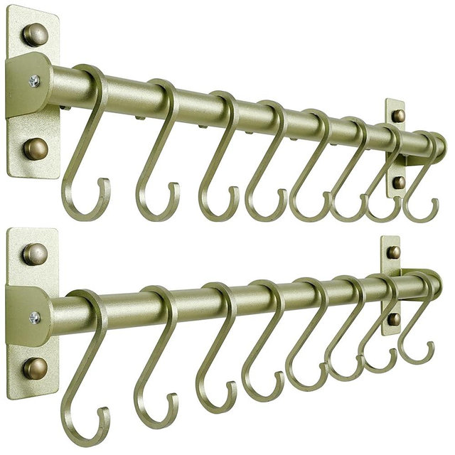Dseap Kitchen Utensil Holder Hanger, Pot and Pan Rack Wall Mounted, Kitchen Rail with 8 Hooks for Hanging Cooking Utensils, Mugs, Spoons, Wall Mounted,Champagne Color, Pack of 2