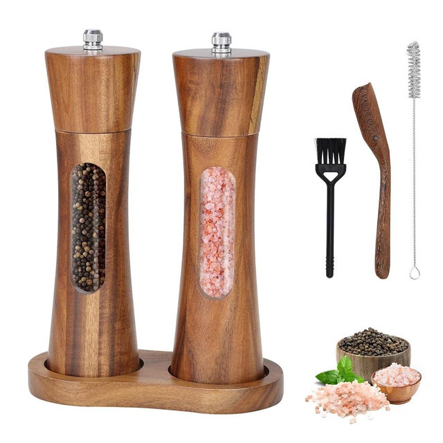 Foyucool Wooden Salt and Pepper Grinder Set, 8 inch Manual Salt and Pepper Mill with Brush and Spoon, Adjustable Coarseness, Refillable Pepper Grinder for Kitchen, Transparent
