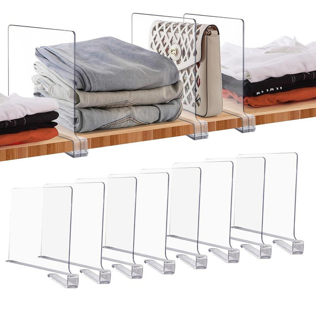 JOY DECOR 8 Pack Acrylic Clear Shelf Dividers for Closets Organization and Storage Adjustable Vertical Wood Shelf Closet Separators for Clothes,Book,Bags in Bedroom and Kitchen