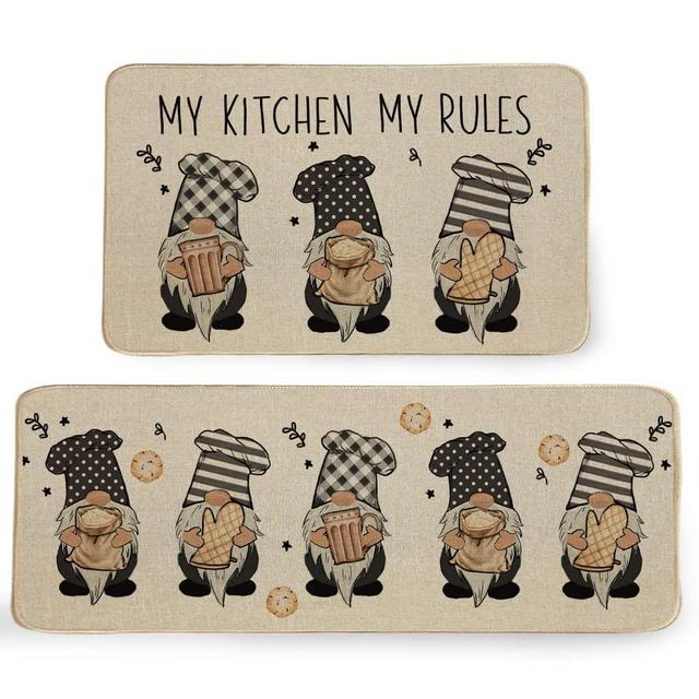 GEEORY Kitchen Mats for Floor Set of 2,Gnome My Kitchen My Rules Floor Mat Farmhouse Seasonal Holiday Decor for Home Kitchen - 17x29 and 17x47 Inch