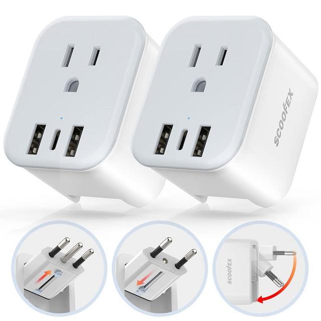2 Pack Foldable European Travel Plug Adapter with 3 USB (1 USB-C Port) and 1 AC Power Outlet Charger for US to Most of Europe France Germany Spain and Italy (Type C/L)