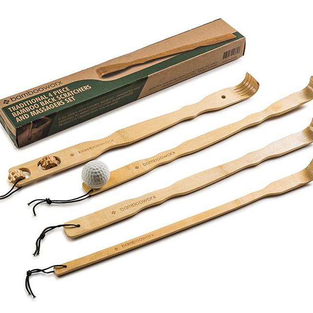 BambooWorx 4 Piece Traditional Back Scratcher and Body Relaxation Massager Set for Itching Relief, 17.5", Strong and Sturdy, 100% Natural Bamboo