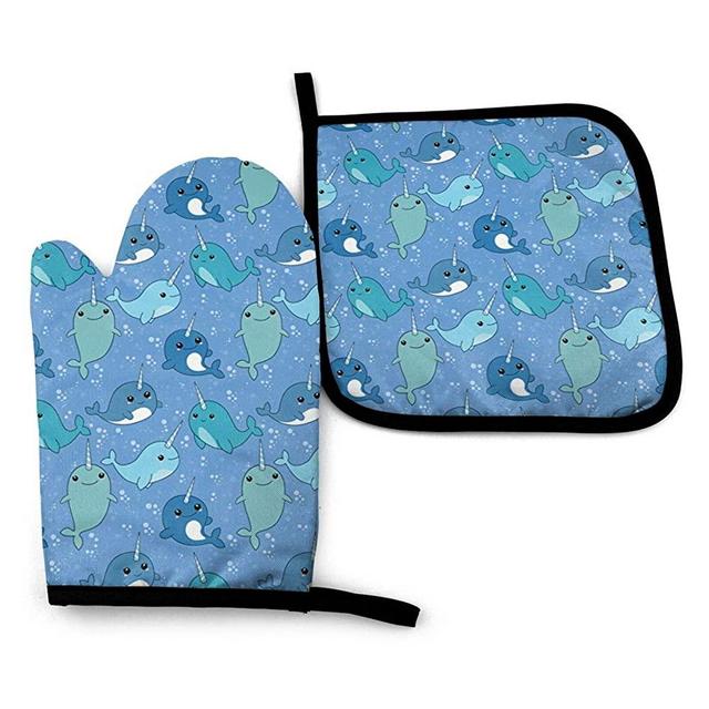 RENGMIAN Cute Narwhal Oven Mitt and Potholder Set, Waterproof Heat Resistant Oven Gloves for Kitchen Cooking Baking BBQ