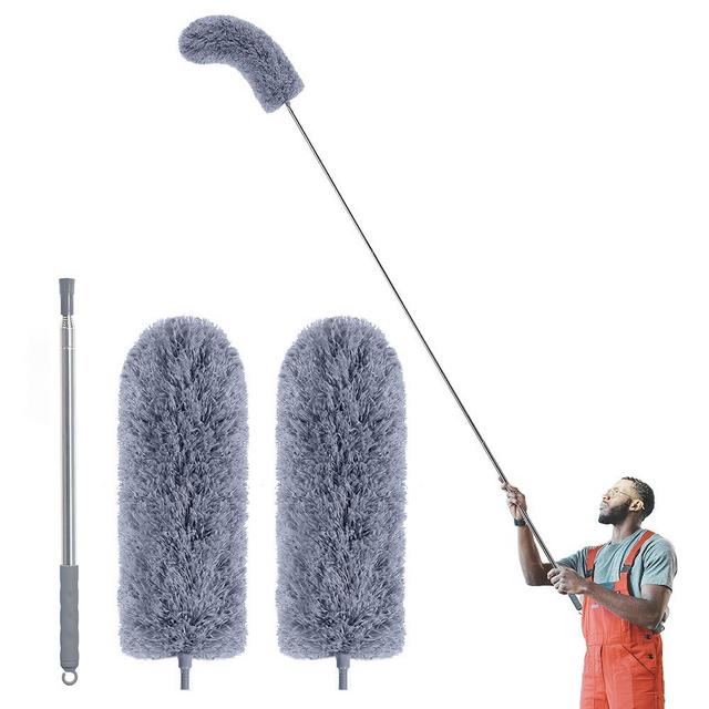 IVYROLL Duster with Extension Pole for Cleaning (2 Microfiber Heads Kit), 100" Long Feather Duster for High Ceilings with Washable Head, Cleaning Supplies for Housekeeping, Ceiling Fan, Furniture